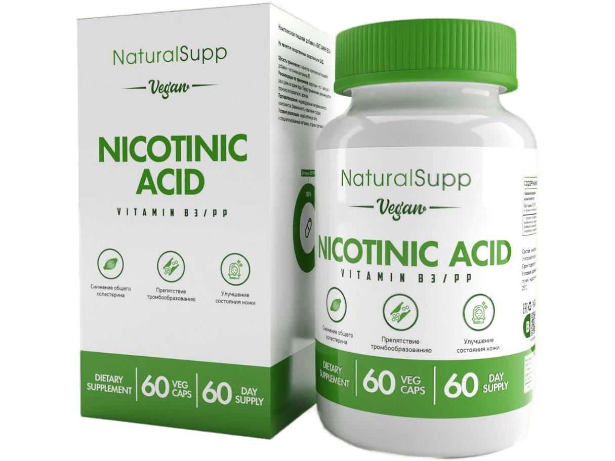 NaturalSupp Витамин В-3/PP, Никотиновая кислота 60 мг, 60 веганских капсул