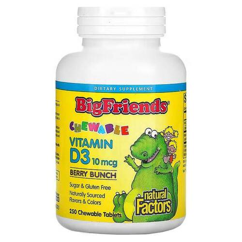 Natural Factors Витамин Д-3 с ягодным вкусом, Big Friends 400 ЕД, 250 жевательных капсул 