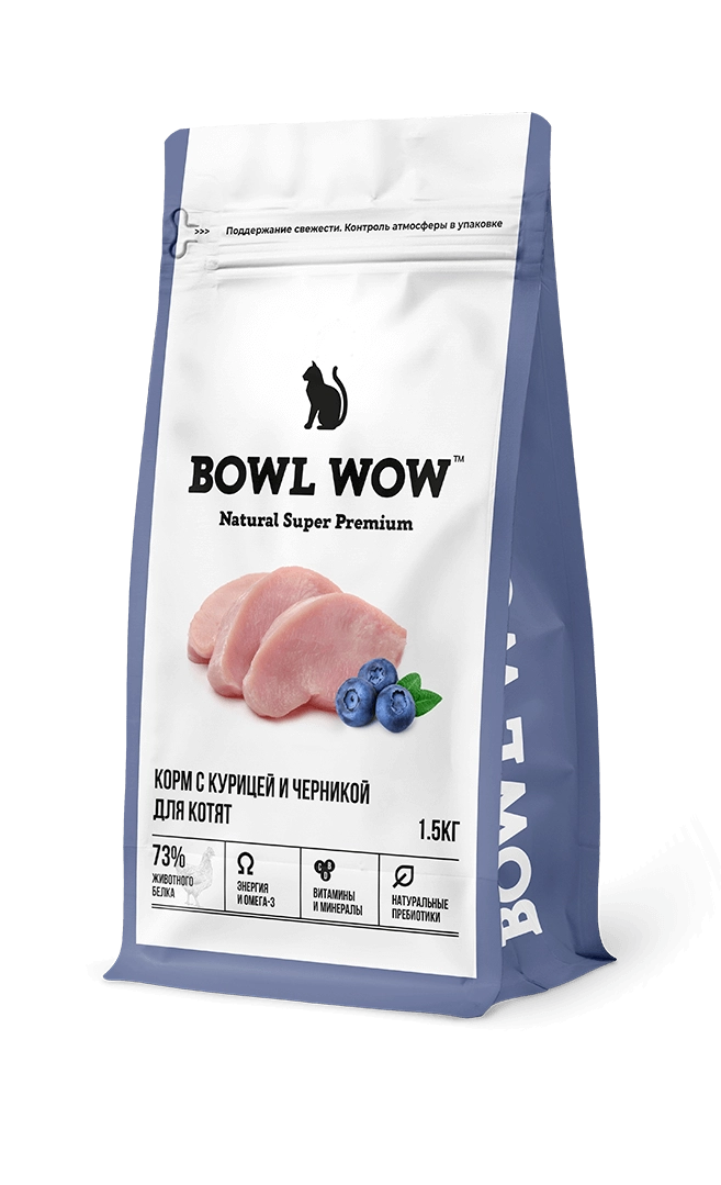 Bowl Wow, Сухой корм для котят (курица/черника) 1,5 кг