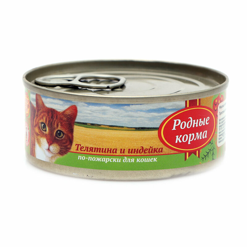 Родные корма, Консервы для кошек (телятина/индейка по-пожарски), 100 г
