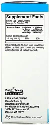 Natural Factors Витамин Д-3 для детей без ароматизаторов 400 ЕД, 15 мл