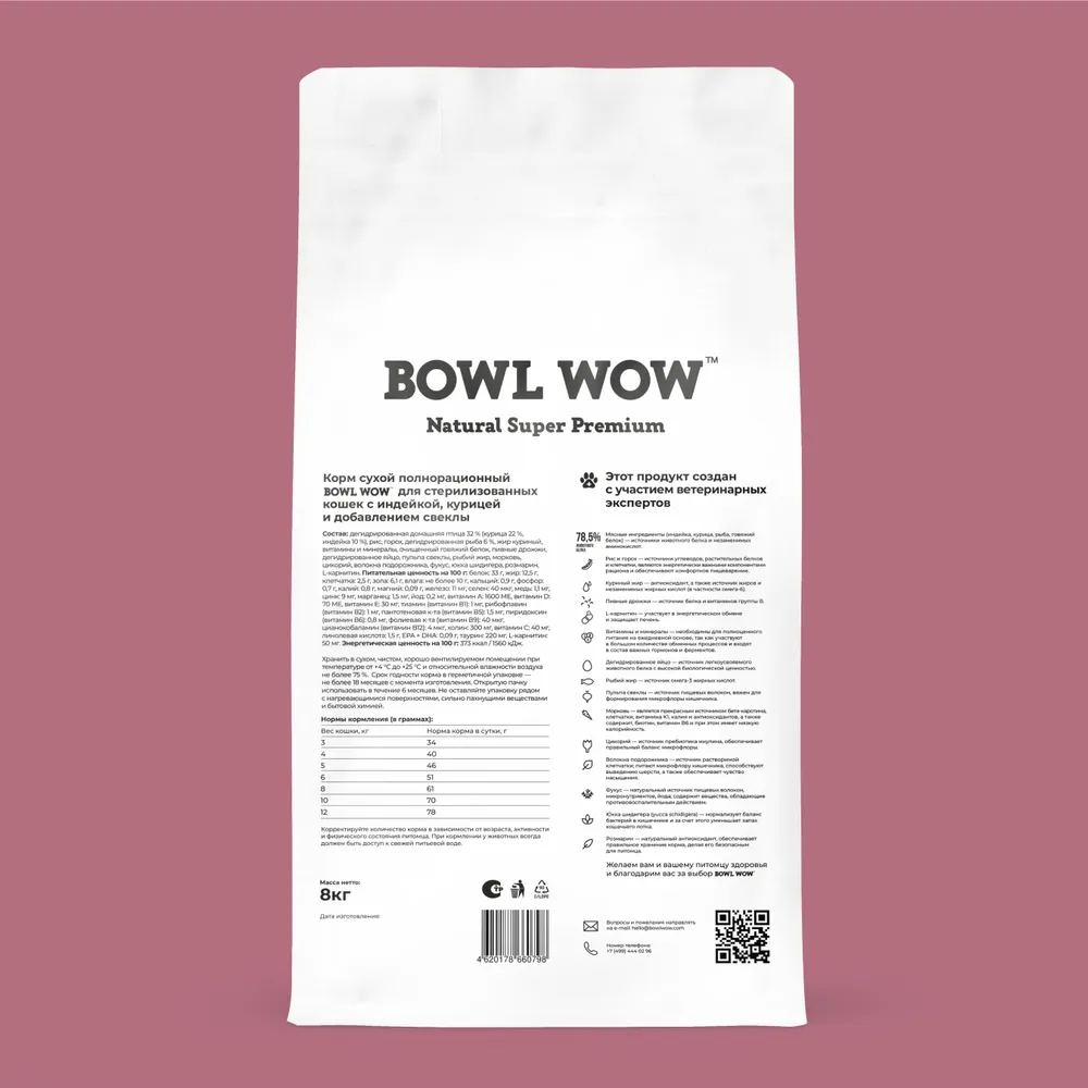 Bowl Wow, Сухой корм для стерилизованных кошек (индейка/курица/свекла) 8 кг