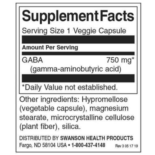 Swanson ГАБА 750 мг, 60 вегетарианских капсул