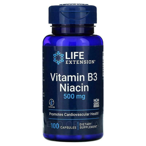 Life Extension Витамин В3, Ниацин, Никотиновая Кислота 500 мг, 100 капсул