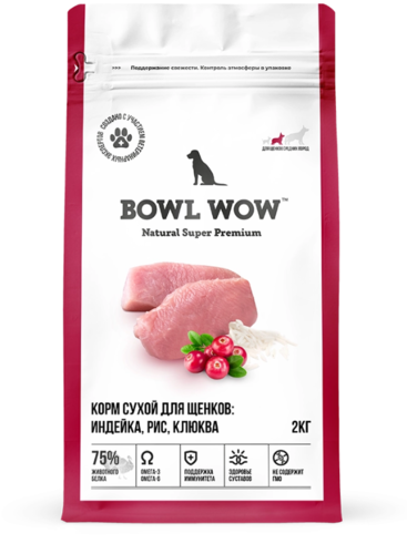 Bowl Wow, Сухой корм для щенков средних пород (индейка/рис/клюква) 2 кг