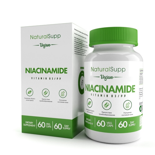 NaturalSupp Витамин В-3, Никотинамид, Ниацин 60 мг, 60 веганских капсул
