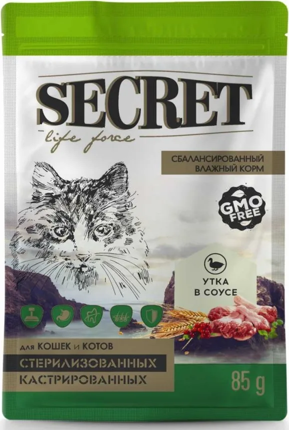 SECRET, Корм для стерилизованных кошек и кастрированных котов в соусе (утка), 85 г 