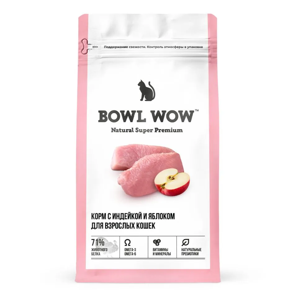 Bowl Wow, Сухой корм для взрослых кошек (индейка/курица/яблоко) 4 кг