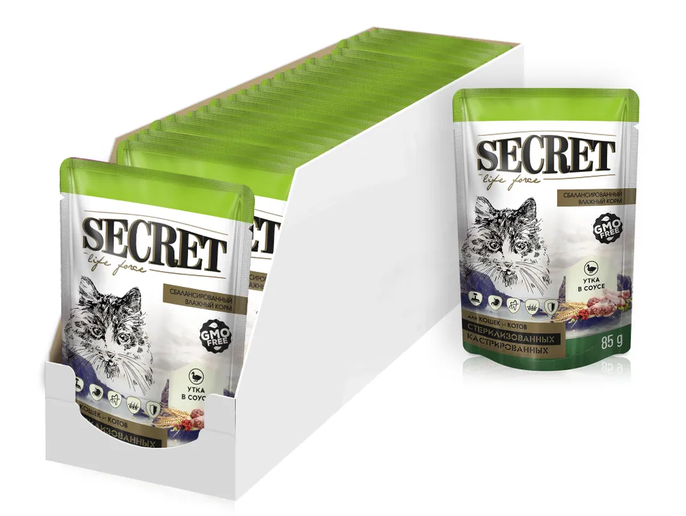 SECRET, Корм для стерилизованных кошек и кастрированных котов в соусе (утка), 85 г 