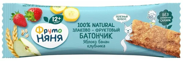 ФрутоНяня, Злаково-Фруктовый батончик (яблоко/банан/клубника) с 12 месяцев, 25 гр