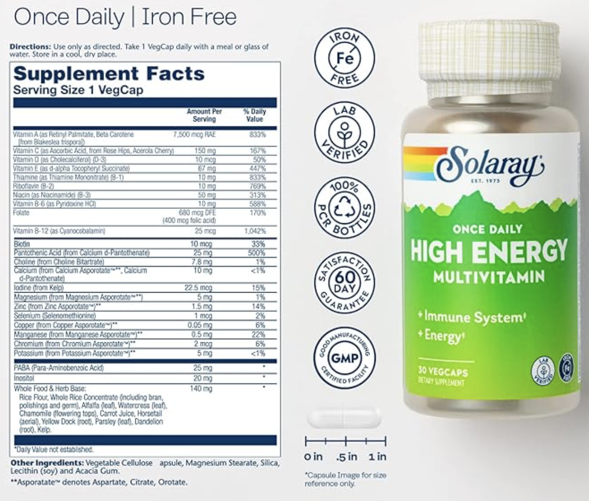 Solaray Мультивитамины Без Железа, Once Daily High Energy Multivitamin Iron Free, 30 вег. капсул