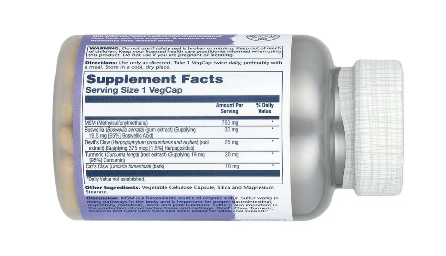 Solaray MSM с Доп. Поддержкой, MSM with Turmeric, Boswellia & Devil's Claw 750 мг, 90 вег. капс