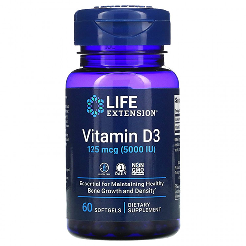 Life Extension, витамин Д3, 125 мкг (5000 МЕ), 60 капсул