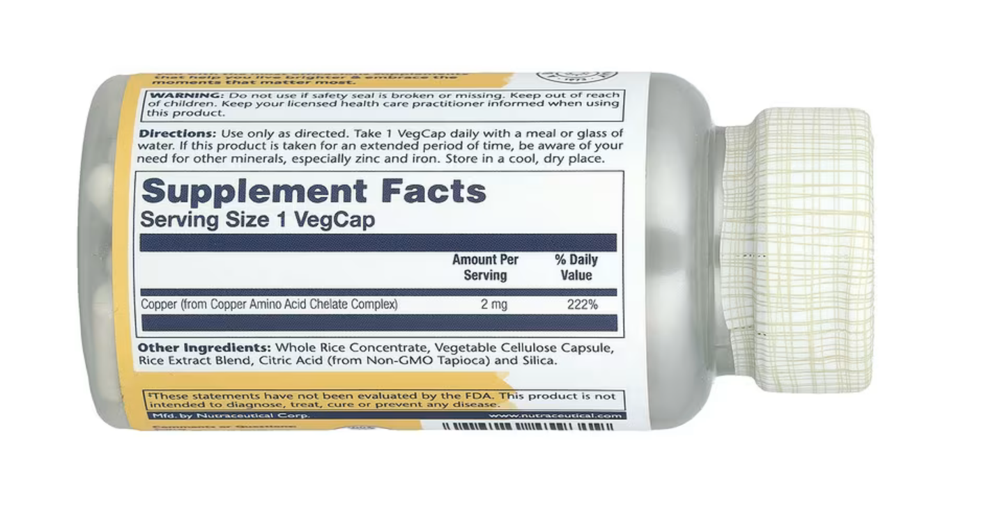 Solaray Медь Хелат, Copper 2 мг, 100 вег. капсул