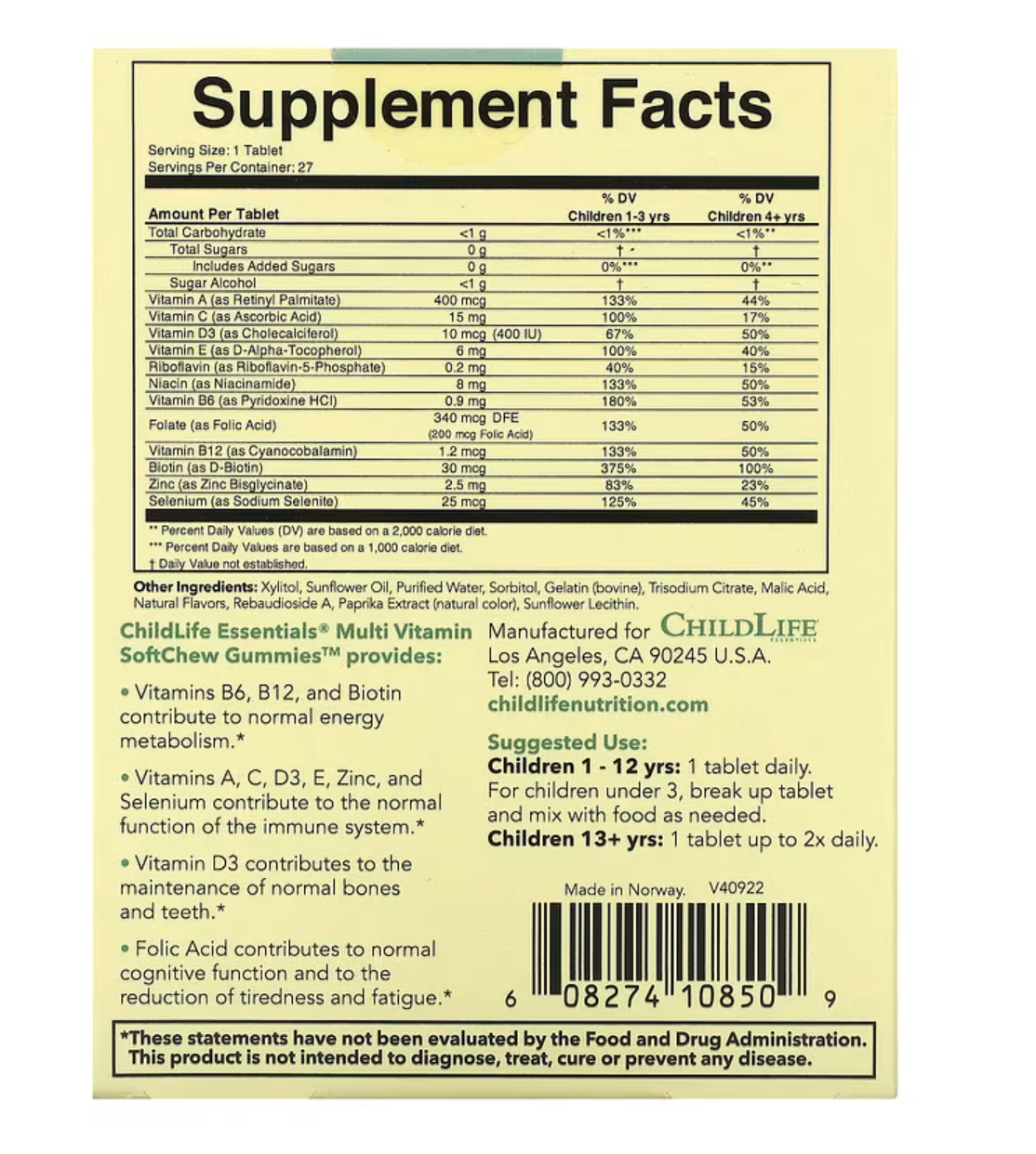 ChildLife Essentials Мультивитамины для Детей с 1 года, Multivitamin, 27 жев. таблеток/апельсин