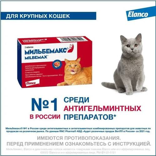 Мильбемакс, Антигельминтик, Таблетки для кошек весом более 2 кг, 2 штуки, 1 таб/4-8 кг
