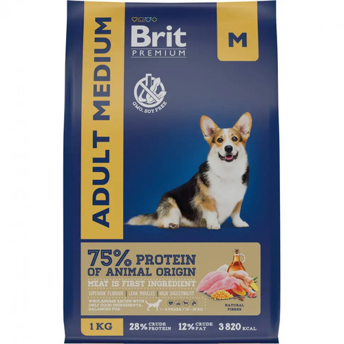 Brit Premium, Dog Adult Medium, Курица для взрослых собак 10-25 кг средних пород, 1 кг  