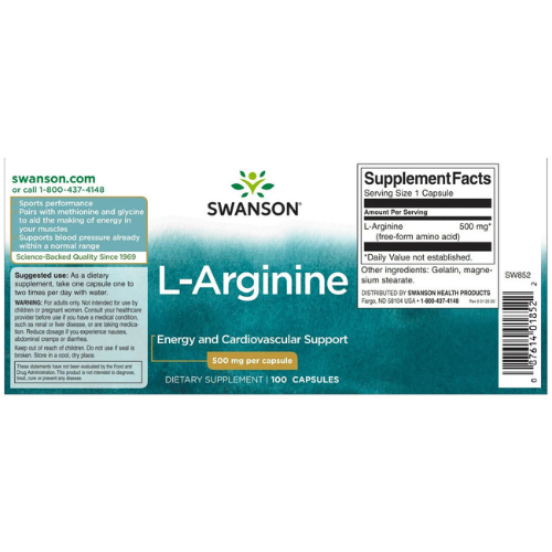 Swanson L-Аргинин 500 мг, 100 капсул