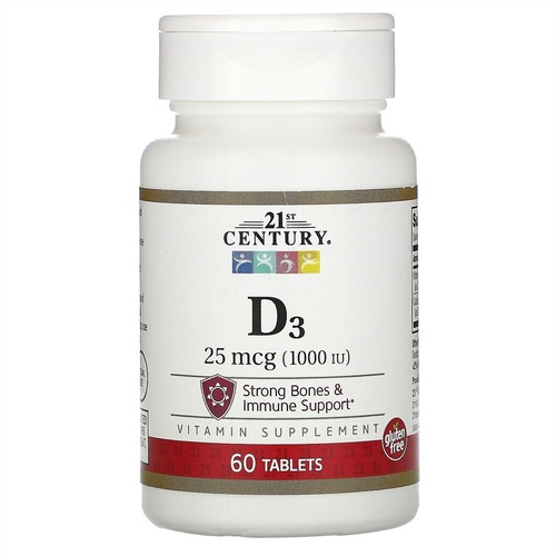 21st Century Витамин D3, 25 мкг (1000 МЕ), 60 таблеток