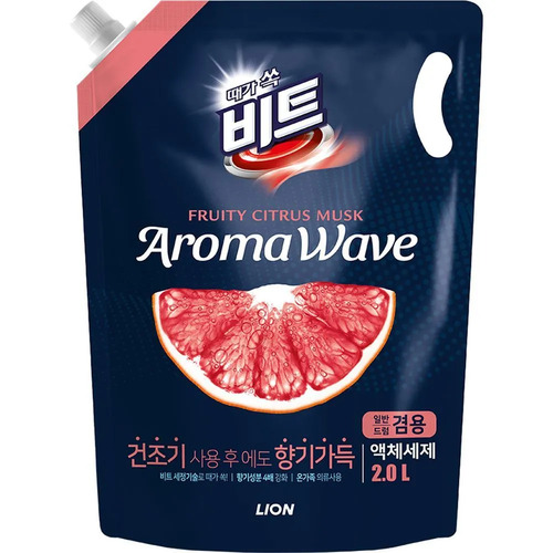 CJ LION, Гель для стирки БЕЛОГО и ЦВЕТНОГО белья "Цитрус" Beat Aromawave 2 л запасной блок 