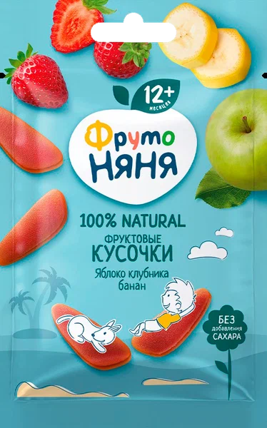 ФрутоНяня, Фруктовые кусочки (яблоко/клубника/банан) с 12 месяцев, 15 гр