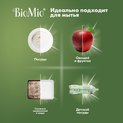 BioMio Средство для мытья посуды, овощей и фруктов, С экстрактом хлопка и ионами серебра, 750 мл