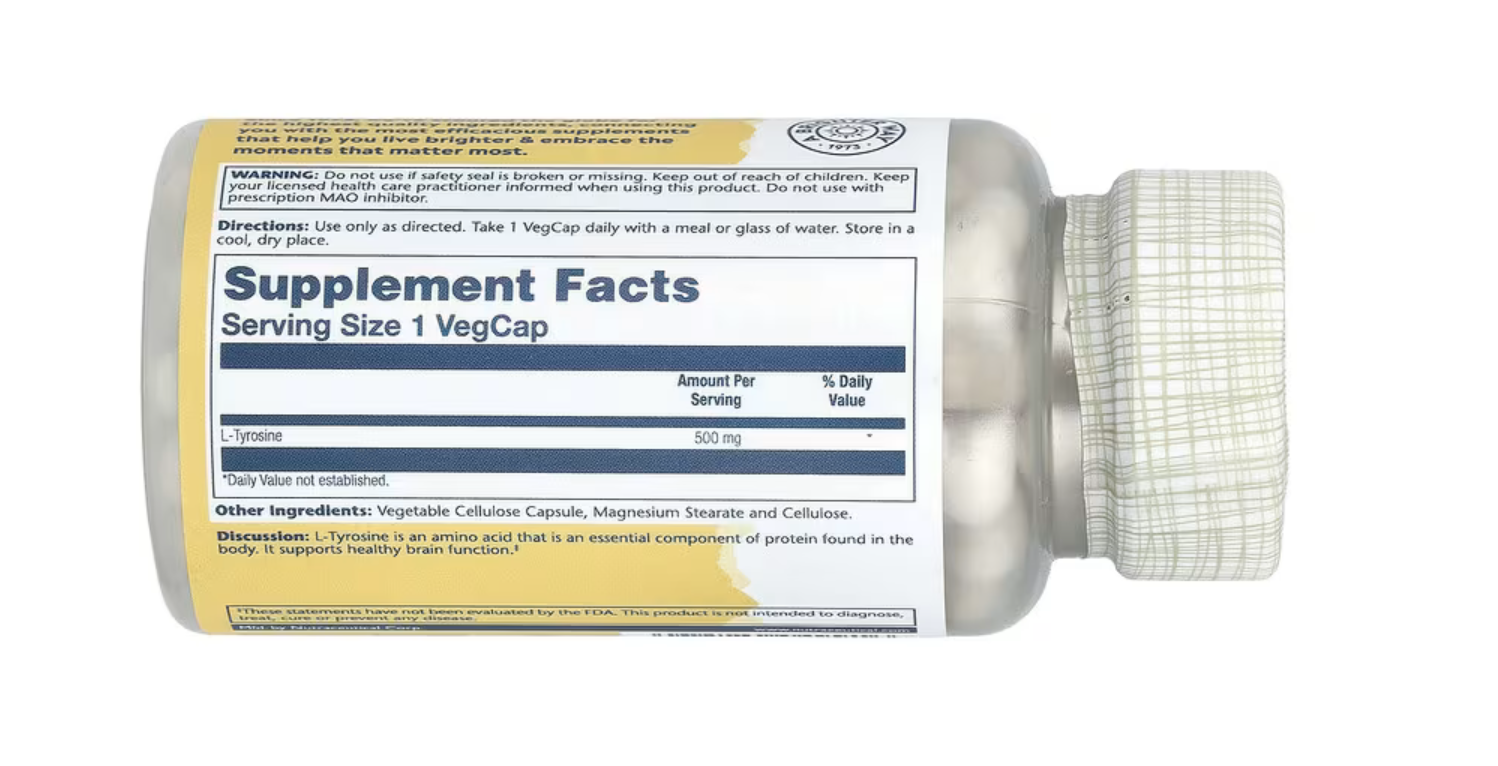 Solaray L-Тирозин, L-Tyrosine 500 мг, 100 вег. капсул