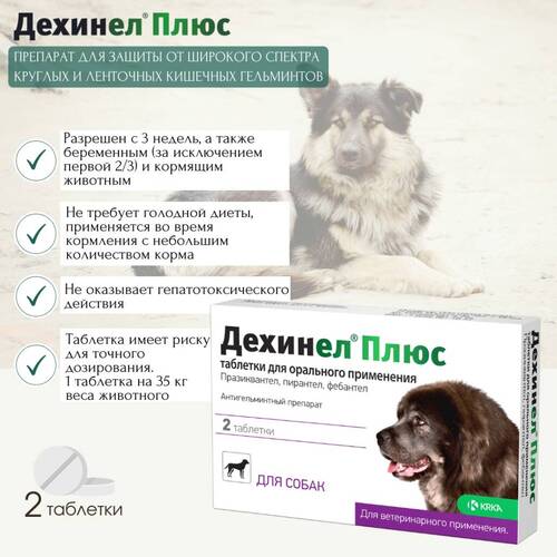 KRKA, Дехинел Плюс, Антигельминтик, Таблетки для собак, 2 штуки, 1 таб/35 кг