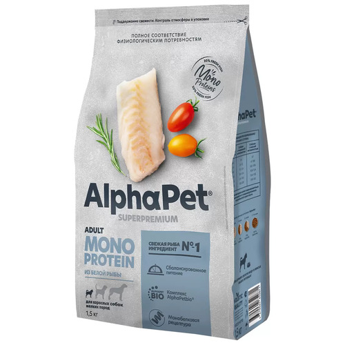 AlphaPet, Monoprotein, Сухой корм для взрослых собак мелких пород (белая рыба), 3 кг  