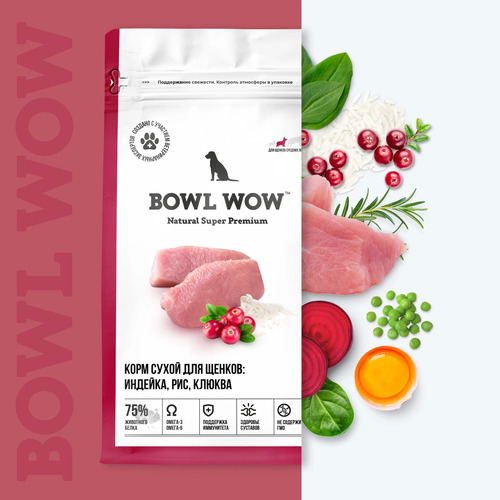 Bowl Wow, Сухой корм для щенков средних пород (индейка/рис/клюква) 2 кг