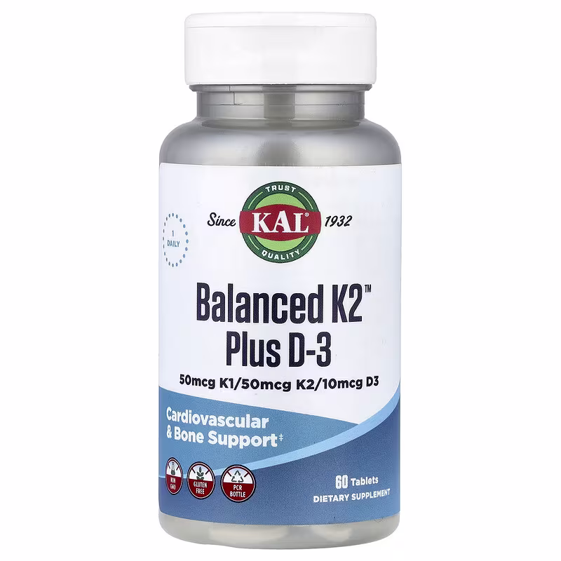 KAL, Balanced K2 Plus D-3, Витамин К 2 + D 3, 60 таблеток 