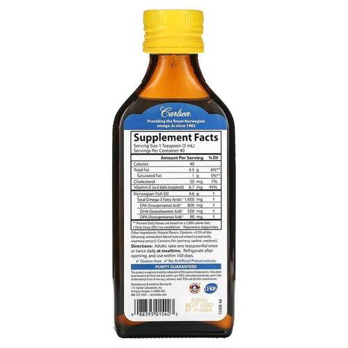 Carlson Labs Омега-3 Жидкий с лимонным вкусом 1600 мг, 200 мл