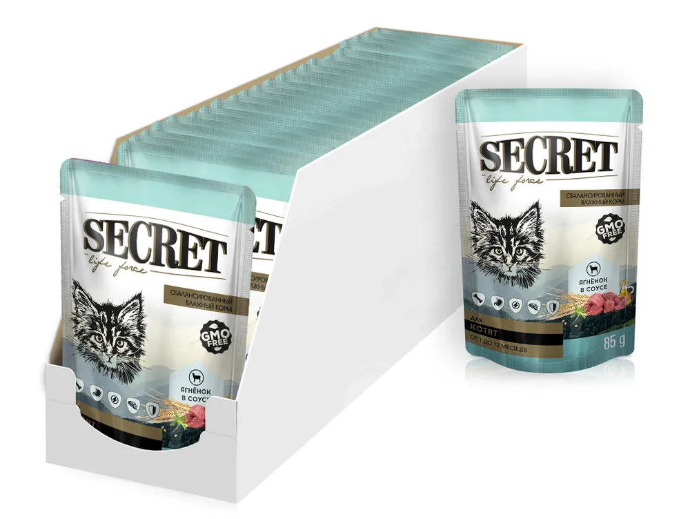 SECRET, Корм для котят, Кусочки в соусе со вкусом ягнёнка, 85 г