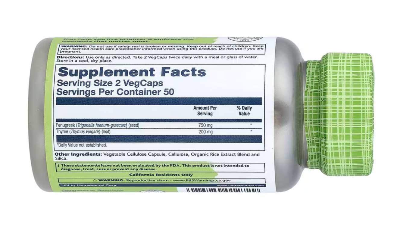 Solaray Пажитник и Тимьян, Fenugreek Thyme, 100 вег. капсул