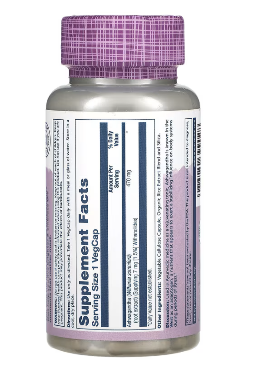 Solaray Ашваганда, Ashwagandha 470 мг, 60 вег. капсул