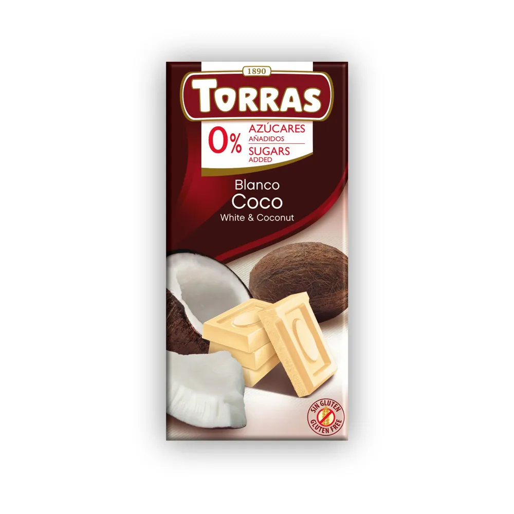 Torras, Белый шоколад с кокосовой стружкой, Без сахара, 75 гр
