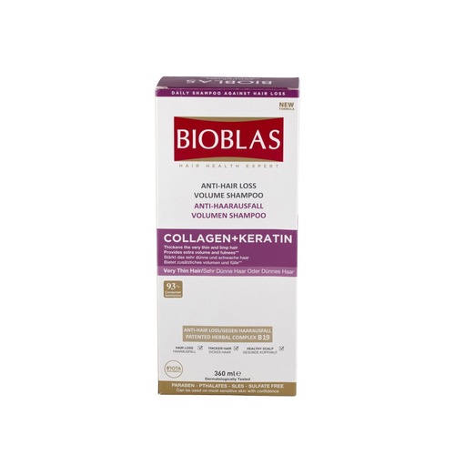 BIOBLAS Anti hair loss collagen+keratin, шампунь с коллагеном  для слабых и тонких волос 360 мл