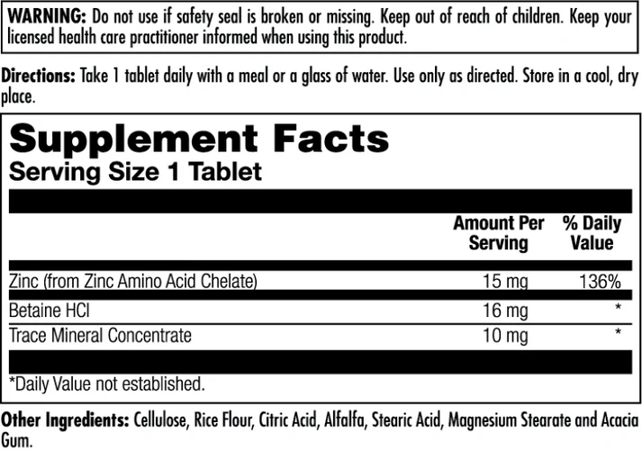 KAL, Zinc 15+ Chelated, Хелат Цинк с Гидрохлоридом Бетаина и Микроэлементами, 100 таблеток 