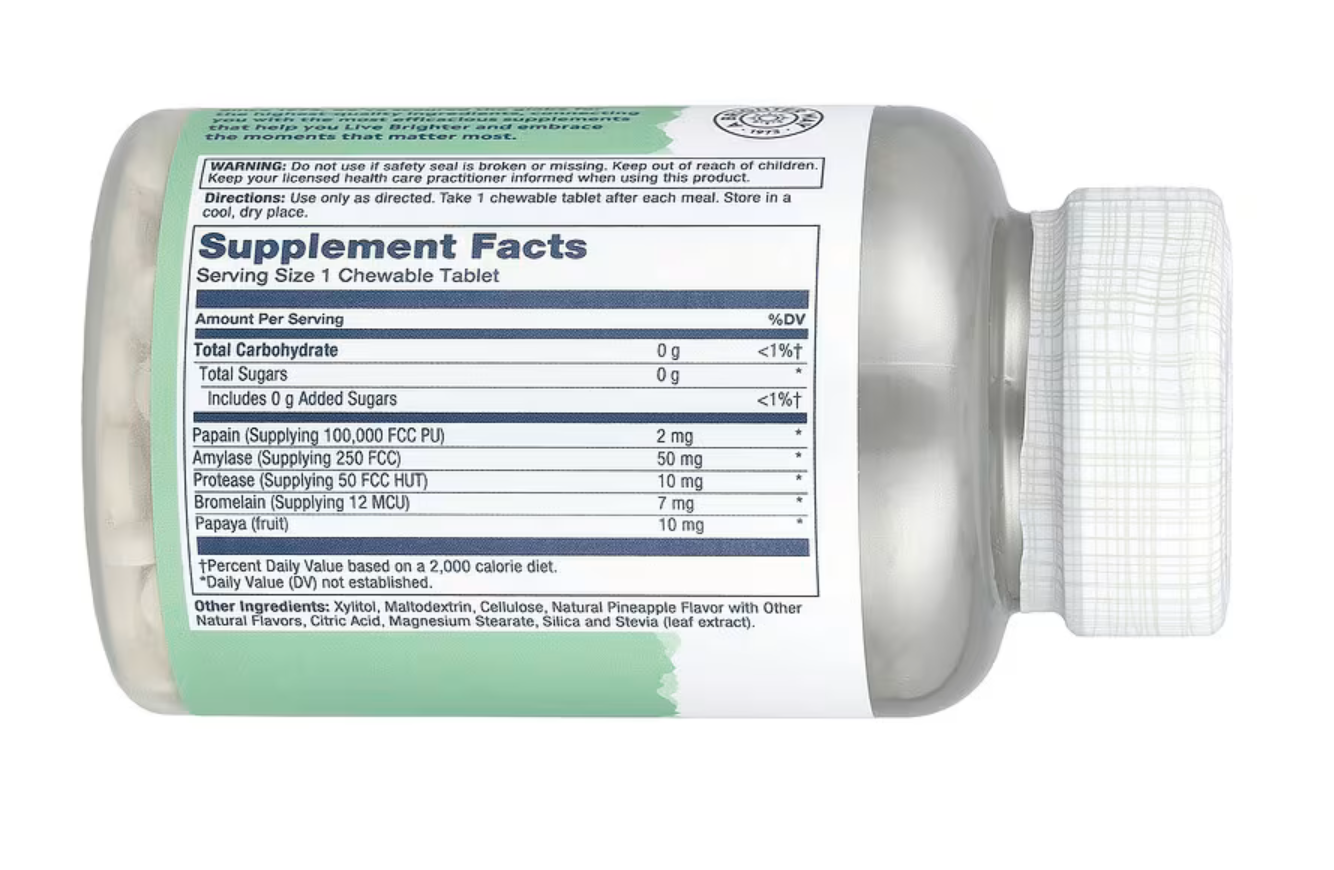 Solaray Папайя, Papaya Enzyme со вкусом мяты, 180 жев. таблеток