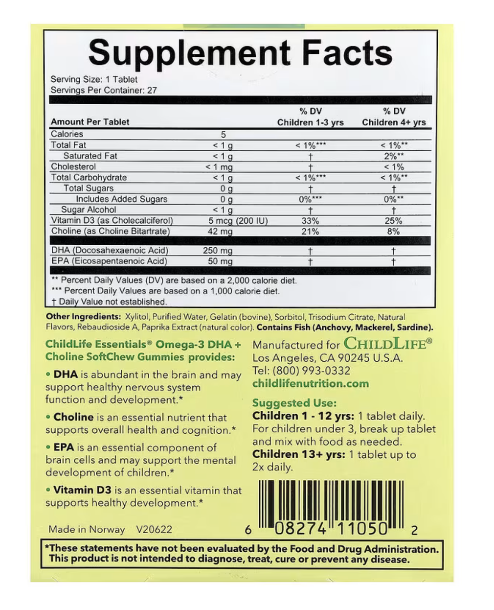 ChildLife Essentials Omega-3 DHA + Холин, Omega-3 DHA + Choline, 27 таблеток/маракуйя