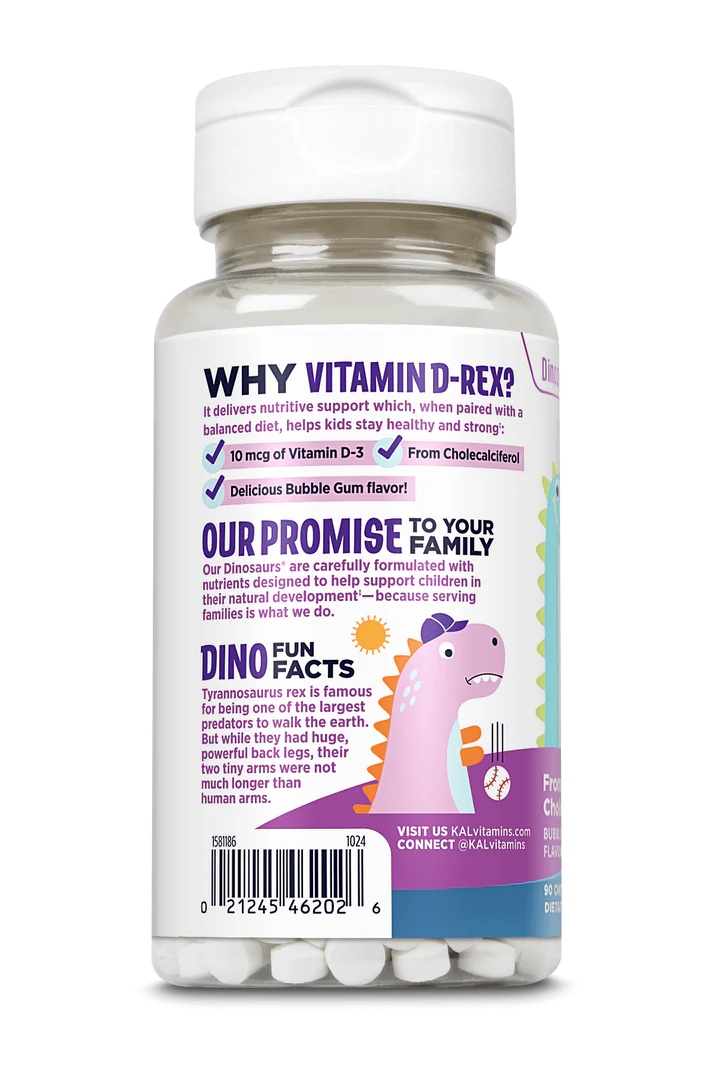 KAL, Dinosaurs, Vitamin D-Rex, Витамин Д3 для Детей Жевательный 10 мкг, 90 штук 