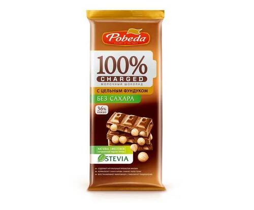 Победа, Шоколад молочный с фундуком 36% какао без сахара, Charged, 90 гр