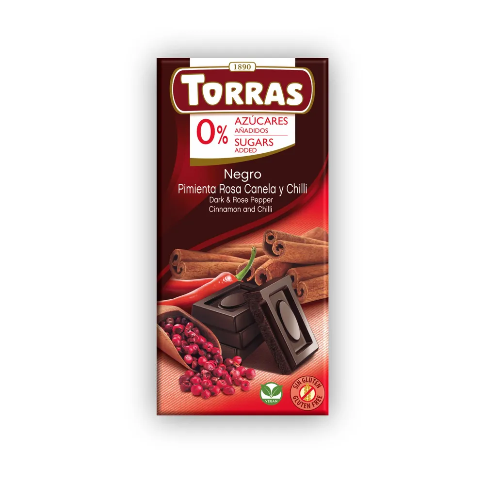 Torras, Темный шоколад с розовым перцем, корицей и красным перцем чили, Без сахара, 75 гр