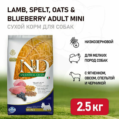 Farmina, N&D Dog, Беззерновой, Сухой корм для собак мелких пород (ягненок/спельта/черника), 2,5 кг