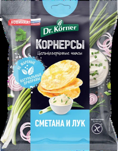 Dr.Korner Чипсы цельнозерновые кукурузно-рисовые, 50 гр, Сметана и лук 