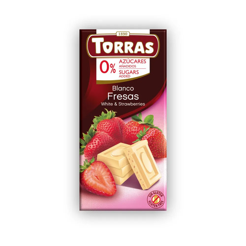 Torras, Белый шоколад с кусочками клубники, Без сахара, 75 гр