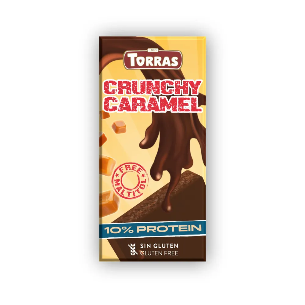Torras, Горький шоколад Crunchy Caramel, 10% протеина, Без сахара, 100г