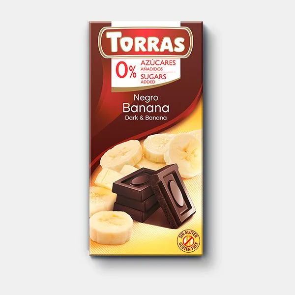 Torras, Темный шоколад с кусочками банана, Без сахара, 75 гр
