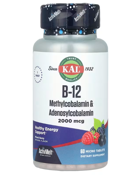 KAL, Vitamin B12, Витамин B-12 с Ягодным Вкусом, 2000 мг, 60 мини-таблеток в Казахстане