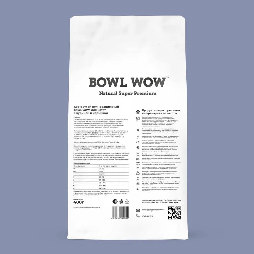 Bowl Wow, Сухой корм для котят (курица/черника) 1,5 кг
